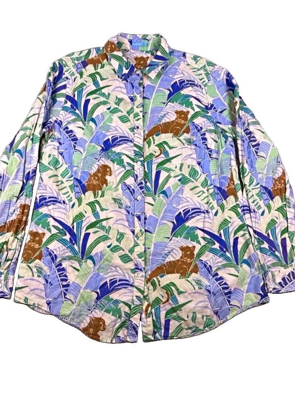 J. McLaughlin Lois Tropical Safari Button-Down Blouse Blue Green XL Cotton